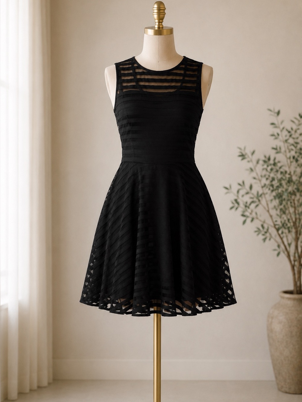 NWT Piperlime Collection Black Fit Flare Mesh Stripe Dress Size S Cocktail - Picture 2 of 6